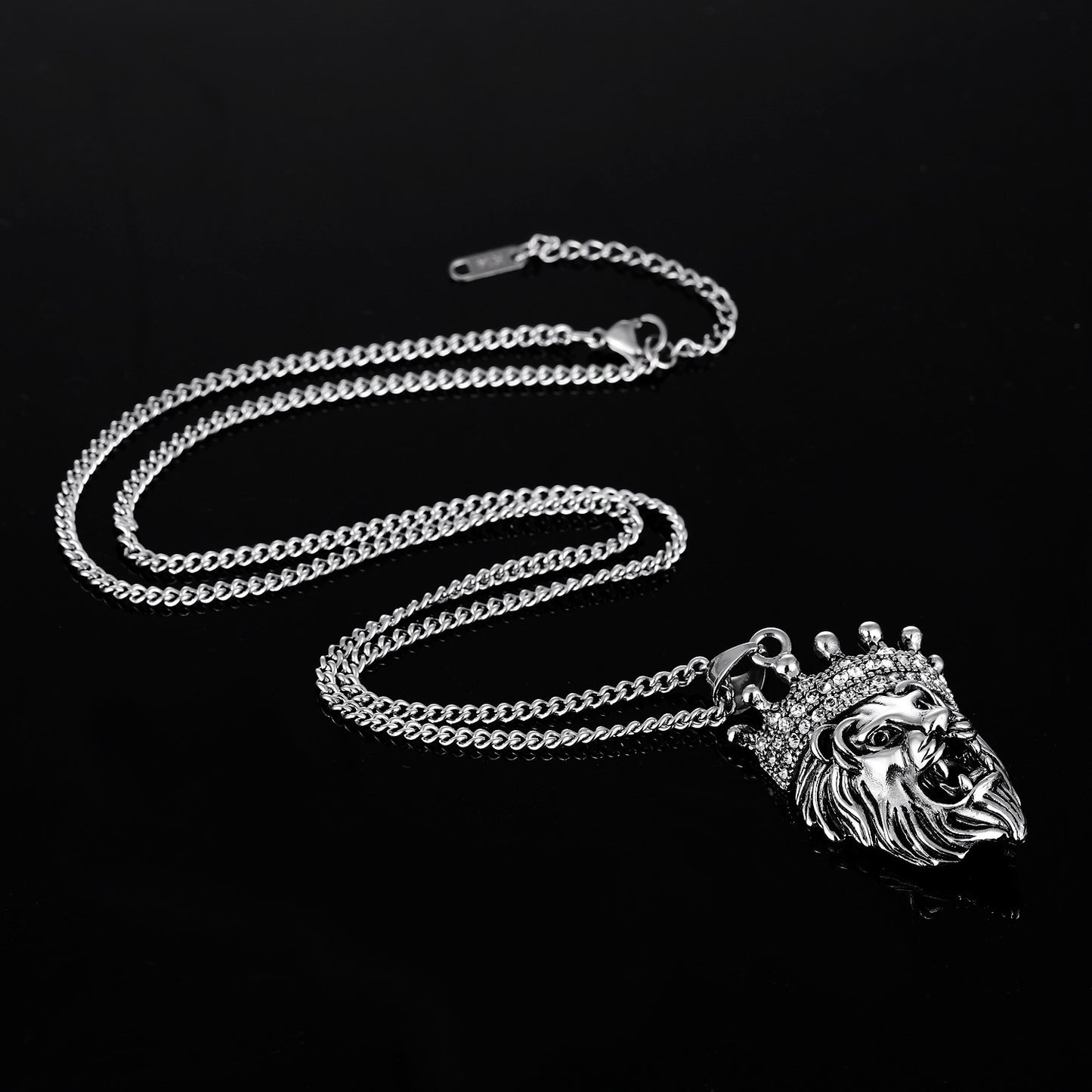 Hip Hop Trendy Men's Necklace With Diamonds for Men, Crown Lion Head Titanium Steel Pendant