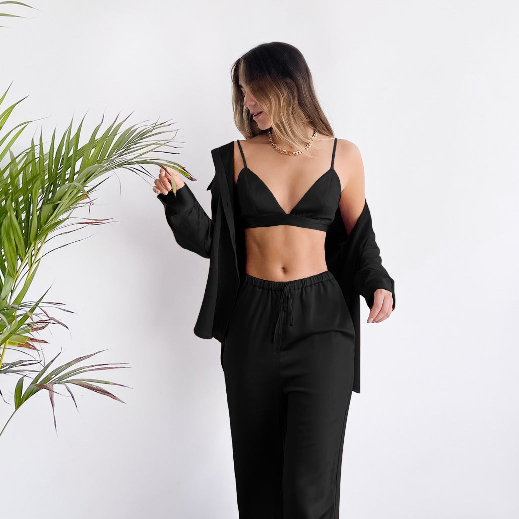 Shirt Satin Satin Strap Underwear Trousers Three-piece Set European And American Style Pajamas Homewear