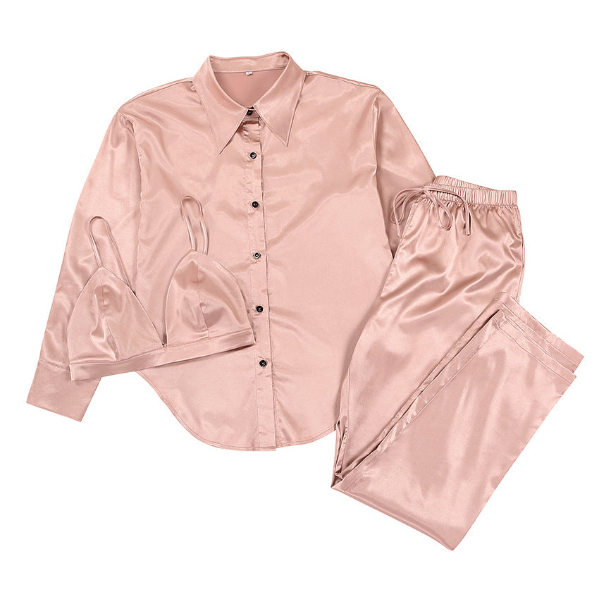 Shirt Satin Satin Strap Underwear Trousers Three-piece Set European And American Style Pajamas Homewear
