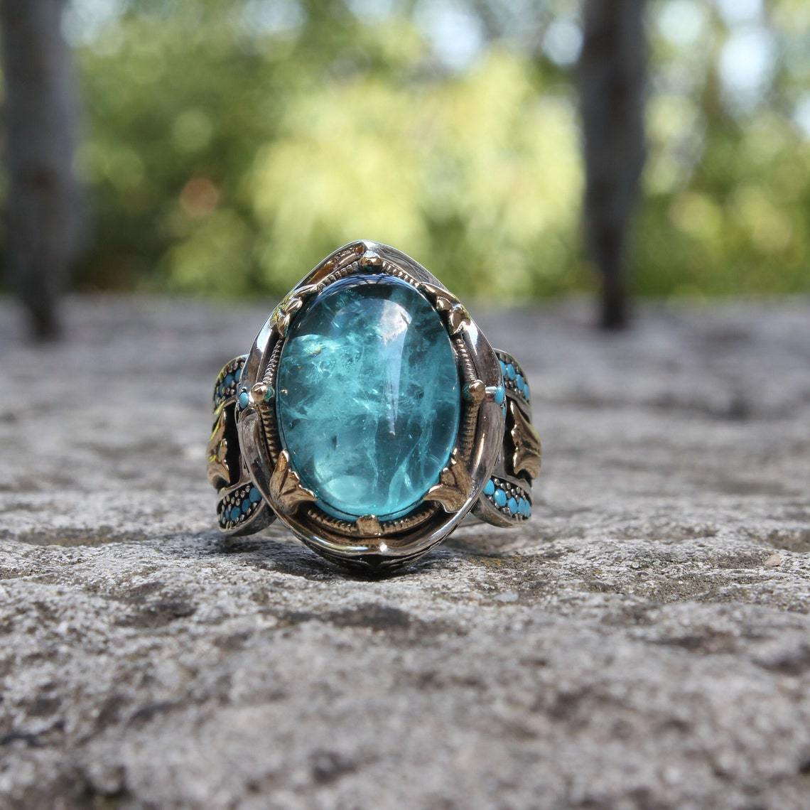Carved Blue Gemstone Ring In Two Colors