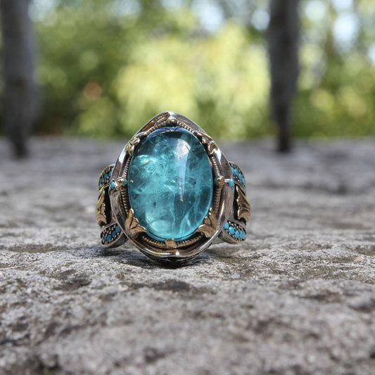 Carved Blue Gemstone Ring In Two Colors