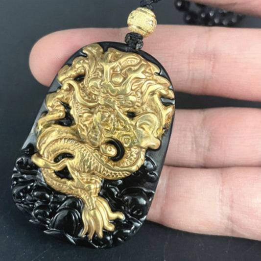 Natural Obsidian Inlaid With 18K Gold Dragon Pendant For Men And Women