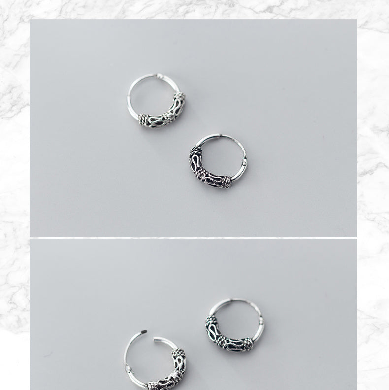 Ailuoqi S925 White Fungus Buckle Retro Thai Silver Pattern Small Earrings Personality Ethnic Style Ear Bone Nail Jewelry