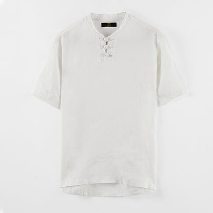 Chinese Style Small Stand Collar Pullover Linen Short Sleeve