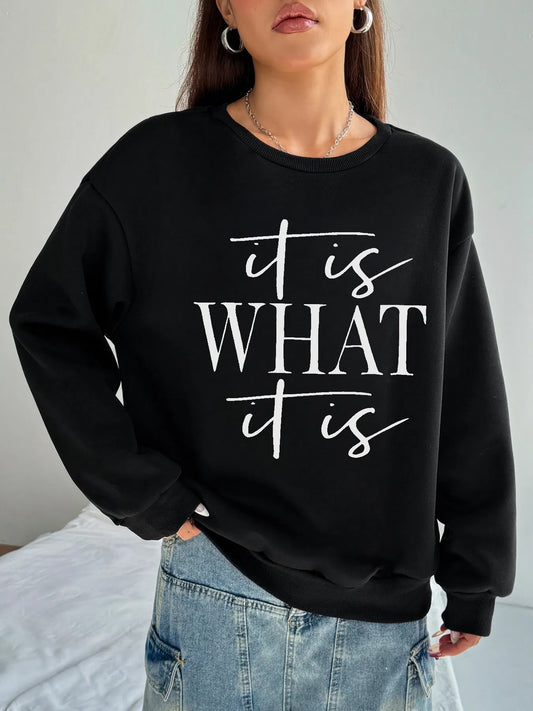 Women Basic Casual Pullover Spring Autumn Long Sleeve What Letters Printed Round Neck