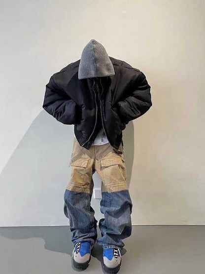 Retro Multi-pocket Stitching Denim Contrast Color Loose Straight Casual Pants