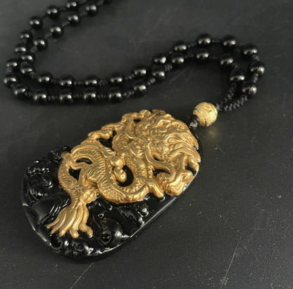 Natural Obsidian Inlaid With 18K Gold Dragon Pendant For Men And Women