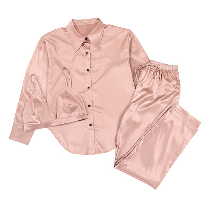 Shirt Satin Satin Strap Underwear Trousers Three-piece Set European And American Style Pajamas Homewear