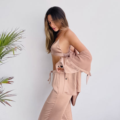 Shirt Satin Satin Strap Underwear Trousers Three-piece Set European And American Style Pajamas Homewear