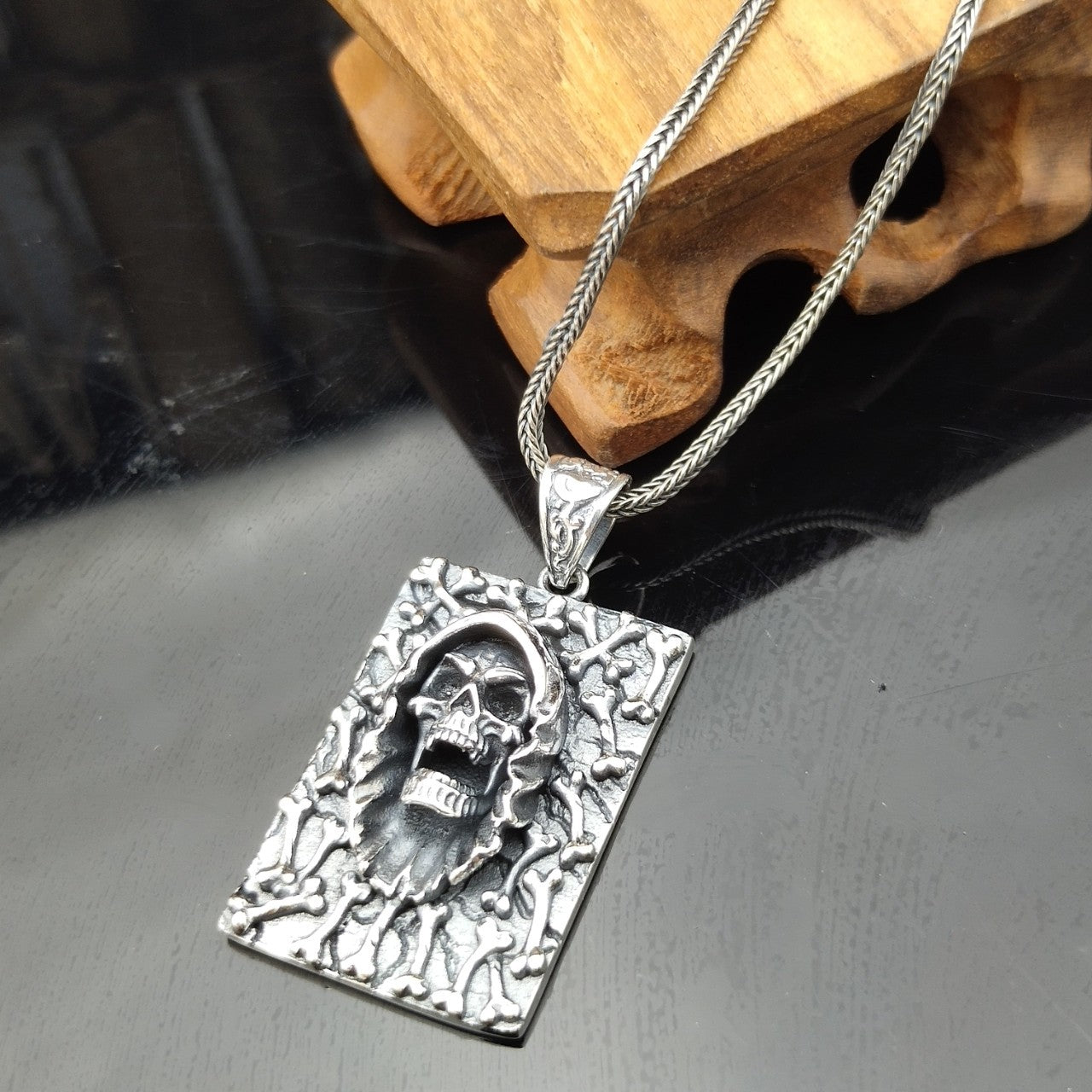 Vintage Lanyard Sterling Silver Skull Men's Necklace
