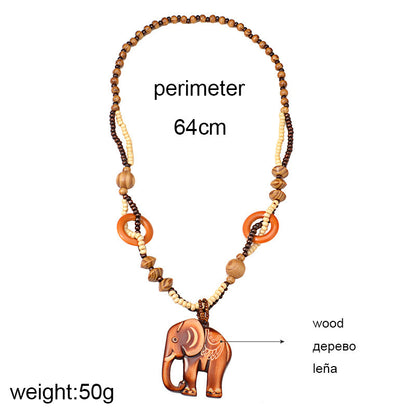 European And American Ethnic Fashion Retro Artistic Accessories All-match Wooden Long Necklace Elephant Pendant Men And Women Jewelry Hanging