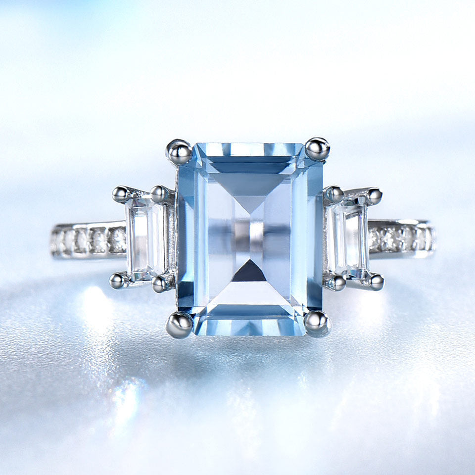 Sterling Silver Square Morganite Gemstone Fashion Korean Simple Ring