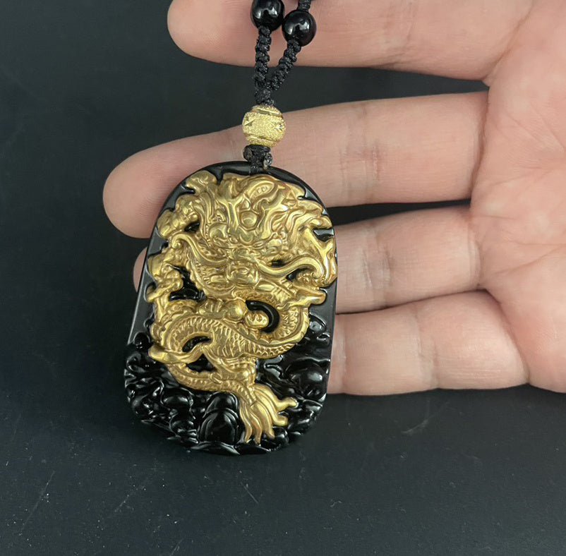 Natural Obsidian Inlaid With 18K Gold Dragon Pendant For Men And Women