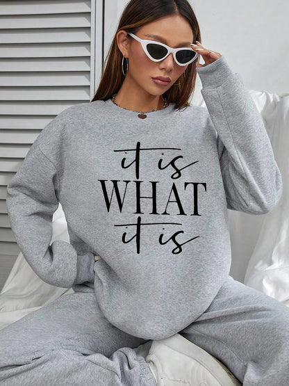 Women Basic Casual Pullover Spring Autumn Long Sleeve What Letters Printed Round Neck