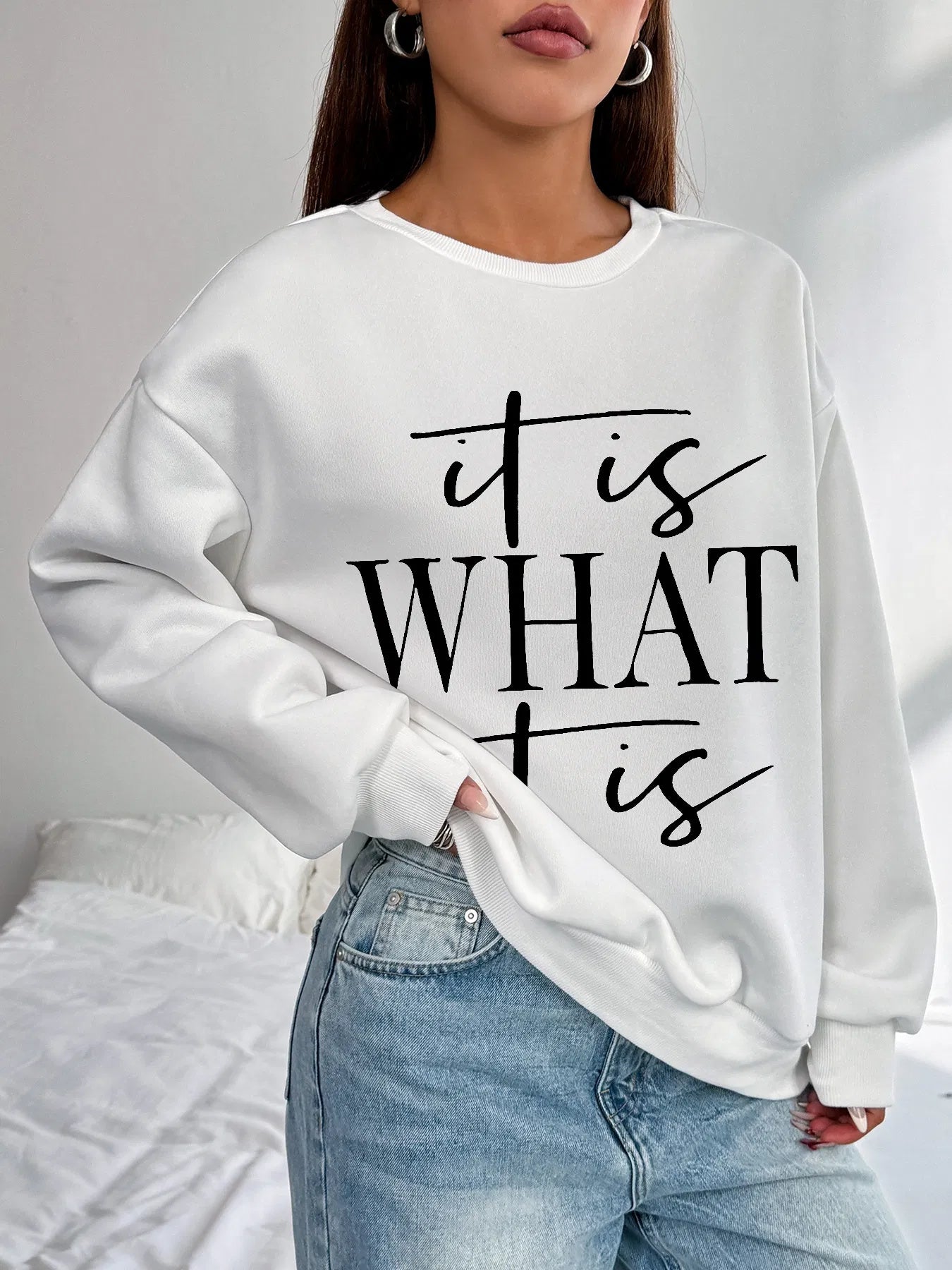 Women Basic Casual Pullover Spring Autumn Long Sleeve What Letters Printed Round Neck