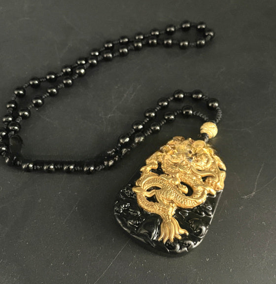 Natural Obsidian Inlaid With 18K Gold Dragon Pendant For Men And Women