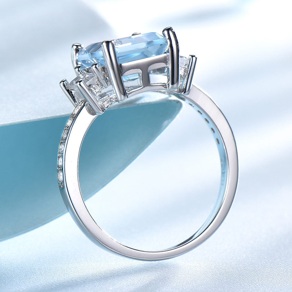 Sterling Silver Square Morganite Gemstone Fashion Korean Simple Ring