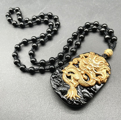 Natural Obsidian Inlaid With 18K Gold Dragon Pendant For Men And Women